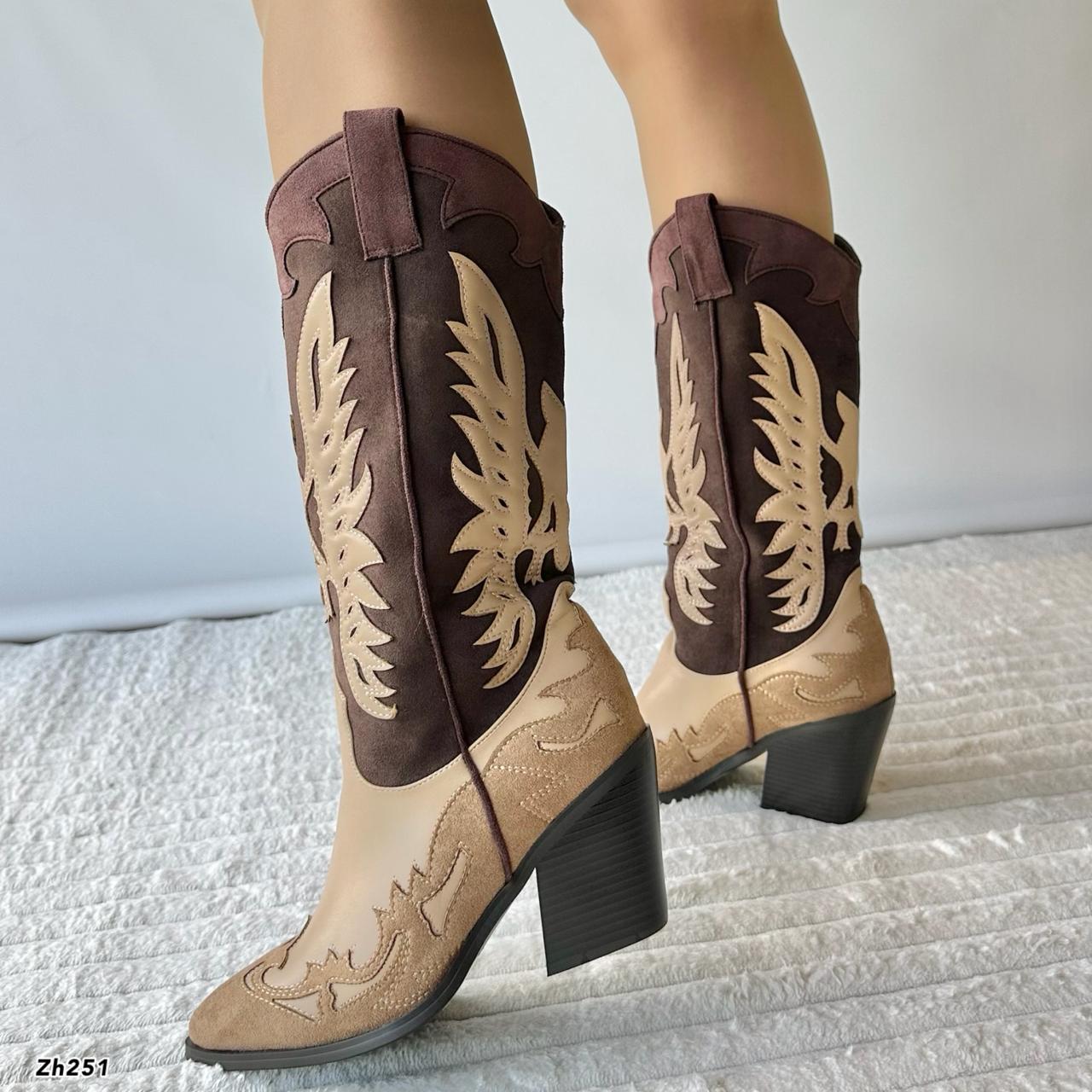 Bota texana beige y café oscuro tacon 9cm HX3083-C1188